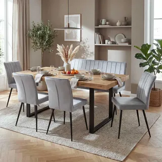 Esszimmer-Set HWC-K16, 4er-Set Stuhl+Sitzbank Esszimmergruppe Sitzgruppe Esszimmergarnitur, Samt Metall hellgrau - Grau