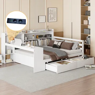 okwish Schlafsofa 140×200cm Daybett Kinderbett mit Schreibtisch Bücherregal&Ablagefächern&Regalen,Jugendbett Holzbett mit Steckdose,ohne Matratze,Weiß - Weiß