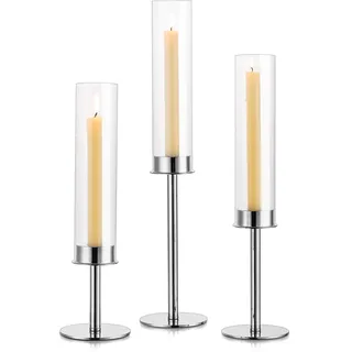 Sziqiqi Kerzenständer Silber Metall für Hochzeit - 48/42/36cm Kerzenhalter Dekorative Stabkerzenhalter mit Windlicht Glas Kerzenleuchter für Stabkerzen für Wohnzimmer Deko Modern