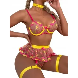 Schönes Set Damenunterwäsche: BH, Rock, Schenkelträger, Tangas, Größe S - Gelb, Rot, Rosa