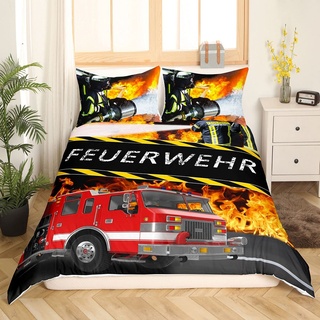 Loussiesd Feuerwehr Themen Bettwäsche-Set,Feuerwehrwagen Bettwäsche 100x135cmfür Jungen Kinder Jugendliche Zimmer Dekorativ Fahrzeug-Auto-Bettbezug-Set,Coole Feuerwehrmänner Bettwäsche