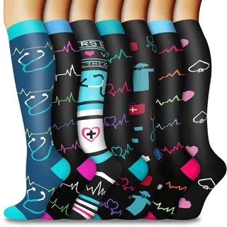 ACTINPUT Kompressionsstrümpfe Damen und Herren,7 Paar Kniestrümpfe Stützstrümpfe Kompressionssocken Ohne Baumwolle Trombosestruempfe Stützkniestrümpfe Compression Socks(7108 - Schwarz,S-M)