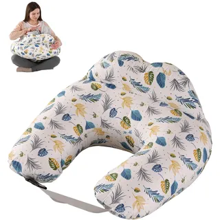 SHANNA Stillkissen Kleines Stillhörnchen für Mutter: Breastfeeding Pillow mit Schutzrand 100% Baumwollbezug Baby Stillkissen mit Stillkissenbezug Ergonomischer Waschbares (Blätterblau)
