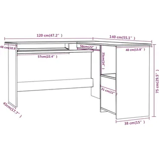 vidaXL Eckschreibtisch in L-Form Hochglanz-Weiß 120x140x75 cm