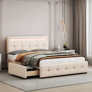 Merax Polsterbett 140 x 200 cm mit LED-Belechtung, höhenverstellbarem Kopfteil und 4 Schubladen auf Rollen, Doppelbett mit Lattenrost und Leinenbezug - Beige