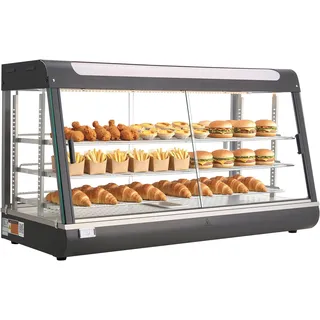 Vevor 3-stöckige Wärmetheke 180 L, Warmhaltevitrine 1600 W, Warmhaltetheke 30–85 °C, Speisenwärmer mit LED-Beleuchtung & Verstellbaren Ablagen, Speisevitrine für Hamburger Pizza Brot Brathähnchen