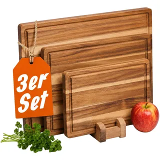Relaxdays Schneidebrett, 3er Set, 3 Größen, Ständer, Saftrille, braun | Akazienholz, Küchenbrett, Frühstücksbrettchen