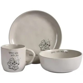 Fyrklövern Stitch & Angel Geschirr-Set, Disney, 3-tlg., Teller, Tasse, Schale, Steinzeug, Spülmaschinenfest, Seidenmatte Glasur, inkl. Geschenkbox, Grau