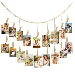 YICH Fotogirlande Boho Fotowand mit Klammern und Fotoseil Foto Girlande Fotos Aufhängen Ohne Bohren Fotovorhang zum Aufhängen mit 20 Clip 2 spurlosen Nägeln 2 Haken 1 Hanfseil