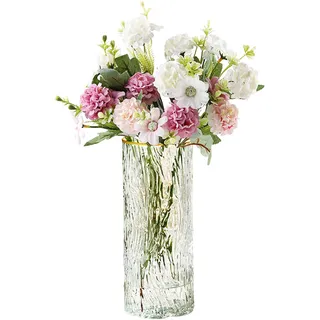 EylKoi Zylinderglas Blumenvase-Bud Vasen in Bulk Moderne geriffelte Ribbed Hurricane Vasen Round Pot Container Kleine Blume für Mittelstücke Tulpen Hochzeit, Haus, Party, Büro, klar mit Goldrand