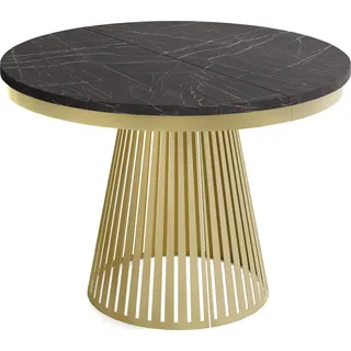 Esstisch Rund Ausziehbar mit Lamellen im Loft-Stil – 120 bis 200 cm – Industrieller Tisch mit Metallbeinen in Gold, Platzsparend für Wohnzimmer oder Esszimmer – Marmor Schwarz - Schwarz