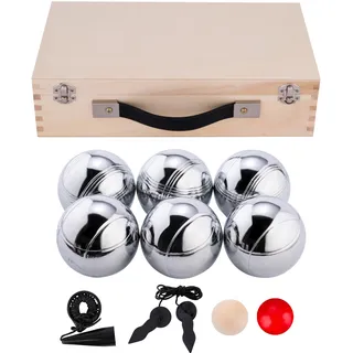 Engelhart 6-teiliges Metall Boule Set in luxuriöser Holzkiste mit Magnet, Distanzmesser & Holz-Cochonnet – Boccia Kugeln / Botcha Spiel für Kinder & Familien - Petanque, Jeu de Boules, Cross Boule - 010205