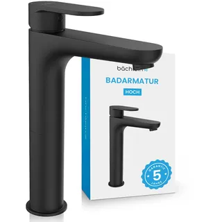 Bächlein Badarmatur Keila hoch in klassischem Design, extra hoher Einhebelmischer für Aufsatzwaschbecken mit Montage-Set, Bad Wasserhahn Matt Schwarz - klassisch hoch