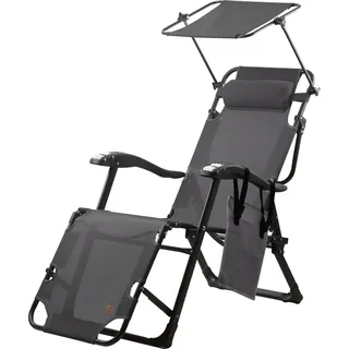 CampFeuer Sonnenliege mit Dach, Anthrazit, Campingliege mit Arm Massagerollen, Gartenliege - Grau