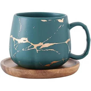 MAGICVOGEL Keramik Kaffeetasse mit Untertasse 400ml Kaffeebecher Espressotasse Set Marmor Optik Teetasse Cappuccino Tasse zum Geburtstag Muttertag Valentinstag Hochzeit (Grün)