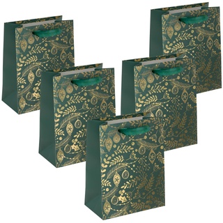 SIGEL GT119 mittelgroße Premium Geschenktüten aus Papier, 5er Set, 18 x 23 cm, grün, gold, Papier-Geschenktaschen Weihnachten "Golden ornaments on green"