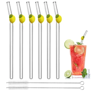 Wiederverwendbare Glas-Trinkhalme, bruchfest, 20 x 8 mm, niedlich, transparent, für Smoothies, Kaffee, Saft, Milch, Cocktails, Set mit 6 gebogenen und 2 Reinigungsbürsten