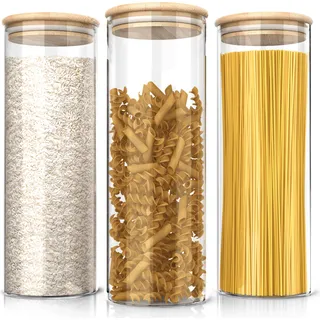 Arendo Vorratsgläser, Glasbehälter 3er Set mit Bambusdeckel & Silikondichtung, luftdicht, Borosilikatglas, spülmaschinengeeignet, 3 x 2,1 L - Transparent