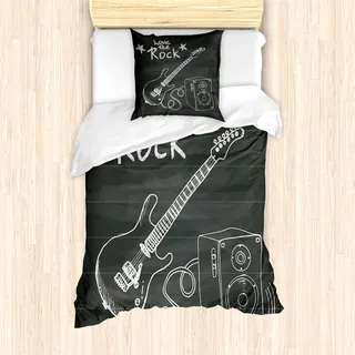 ABAKUHAUS Gitarre Mantele, Liebe Rockmusik Sketch, Milbensicher Allergiker geeignet mit Kissenbezügen, 135 cm x 200 cm - 80 x 80 cm, Charcoal Grau Weiß - Grau, Weiß