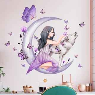 WandSticker4U®- Wandtattoo Kinderzimmer MÄDCHEN AUF DEM MOND I Wandbild: 70x75 cm I Wandsticker lila Schmetterlinge Wolf Fee Nacht I Wand Aufkleber Mädchen-zimmer Jugend Teenager Deko