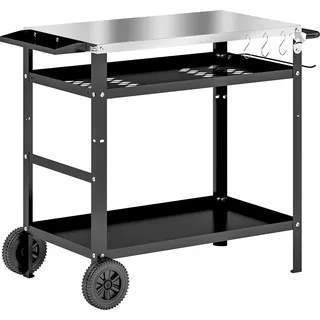 Grillwagen 3-Etagen Servierwagen mit Arbeitsfläche Griffe Hülle Räder, höhenverstellbar BBQ Grilltisch Edelstahl, Grill Beistelltisch, Outdoor Rollwagen für Garten Grill 100x52x80cm Schwarz Aosom