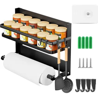 Jokisa Gewürzregal, Wandregal mit Papierhalter auf Küchenrolle und 4 Haken, Küchenorganizer ohne Bohren - Platzsparend und ordentlich in der Küche