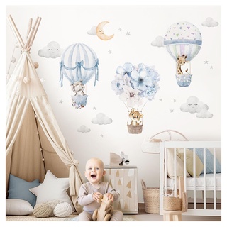 DEKO KINDERZIMMER Wandsticker Safaritiere im Heißluftballon Kinderzimmer Wandtattoo Giraffe Löwe Wandaufkleber Wolken Sterne Babyzimmer Wanddeko DK1059-4