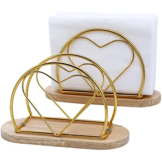 Piuluvor® 2 Stück Serviettenhalter Gold, Serviettenständer aus Metall und Holz, Herzförmiger Napkin Holder für Haus Küche Restaurant Cafés
