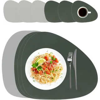 Relaxdays Platzdeckchen mit Untersetzern, 6er Set, Kunstleder, 30 x 40,5 cm, abwischbar, ovales Tischset, grau/grün