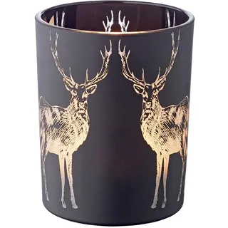 EDZARD Windlicht Tiu, Höhe 13 cm, Durchmesser 10 cm, matt schwarz, Hirsch-Motiv - Teelichthalter, Teelichtglas, Kerzenhalter, Glas für Teelicht, Tischdeko, Wohnzimmer Deko