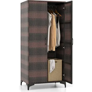 COSTWAY Korbschrank mit 2 Türen, 157 cm hoher Kleiderschrank aus PE-Rattan mit Kleiderstange und 4 Fächern Schwarz/Braun-Mix - Schwarz, Braun