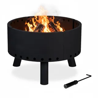 Relaxdays Feuerschale, Hitzeschild, Schürhaken, hoher Rand für Flammenschutz, Feuerkorb, HxD: 40,5 x 58,5 cm, schwarz