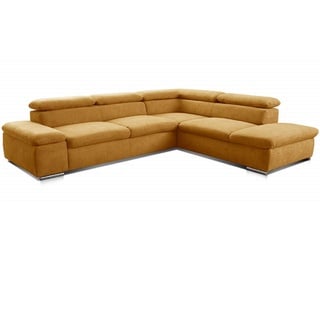 Cavadore Ecksofa Alkatraz / Modernes L-Form Schlafsofa mit Bett, Ottomane und verstellbaren Kopfteilen / Maße: 272 x 73 x 226 / Webstoff, Gelb