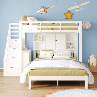 Merax Etagenbett mit Rausfallschutz und Treppe, Hochbett mit Lagerregal und Beistelltisch, Kinderbett mit großem Stauraum,Stockbett 90x200cm/140x200cm - Weiß
