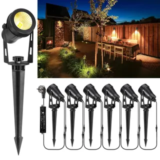 Greenclick Gartenbeleuchtung LED, 21m 6er Gartenstrahler mit Strom Erdspieß, 12V 3W 1800lm Gartenleuchte, IP65 Wasserdicht Warmweiß Gartenlampe für Außen Garten Rasen Weg Teich Yard Zaun