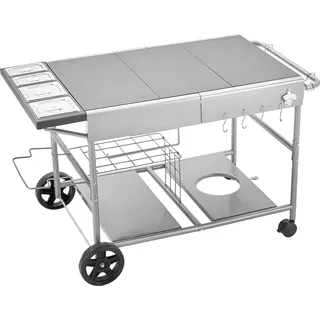 SucceBuy Grillwagen Outdoor 925x595x25 mm (Tischplattengröße), Mobiler Grilltisch mit 4 Gewürzbehältern, Rädern, Deckeln und Haken, Vorbereitungstisch Servierwagen für Picknick, Küche und Garten