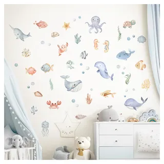 DEKO KINDERZIMMER Wandtattoo Meerestiere 52 Stück Set Wandsticker Babyzimmer Fisch Wandaufkleber Kinderzimmer Unter dem Meer Badezimmer Wanddeko DK1144-04