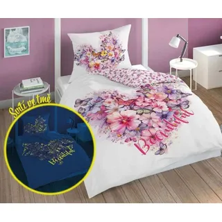 DETEXPOL Bettwäsche Schmetterlinge Herz glänzend Baumwolle, 140/200, 70/80 cm - Weiß