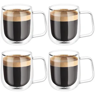 Vicloon Doppelwandige Latte Macchiato Gläser Set, 4 Stück Doppelwandige Kaffeegläser mit Henkel,250ml Kaffeetassen Glas für Cappuccino,Latte,Tee,EIS,Eistee,Bier