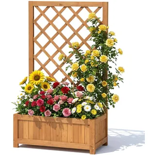 Hochbeet mit Rankgitter aus Holz, Pflanzkasten mit Rankhilfe für Kletterpflanzen, Vertikales Gartenbeet für Blumen, Gemüse & Kräuter, Blumenkasten für Balkon, Terrasse & Garten, Höhe 100cm