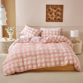 YASMENG Seersucker Bettwäsche 135x200 4teilig Rosa Weiß Kariert Bettwäsche Seersucker Weich Atmungsaktiv Mikrofaser Bettwäsche Modern Bettbezug Set mit Reißverschluss und 2 Kissenbezüge 80x80 cm