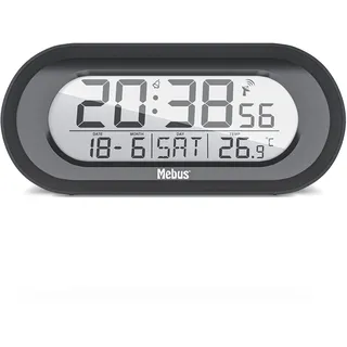 MEBUS Funkwecker mit Temperaturanzeige, digital, Funkuhr, Weckfunktion mit Snooze, Displaybeleuchtung, Kalender, Innenthermometer, Zeitzonen, Farbe: Schwarz, Modell: 25809