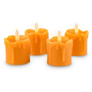 Rhytsing 4er orange LED Kerzen mit Timerfunktion Für Halloween, Flammenlose Votivkerzen Echtes Wachstropfen-Optik, Batteriebetriebene Kerzen Für Herbst - D 5 cm