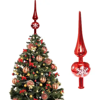 QXNDXQ Weihnachtsbaumspitze Rot, Christbaumspitze Glänzend, 26 cm Weihnachtsbaum Matt Stern Spitze, Weihnachtsbaumspitze Glass mit Pailletten Schneeflocken, Christbaumspitze Christbaumschmuck