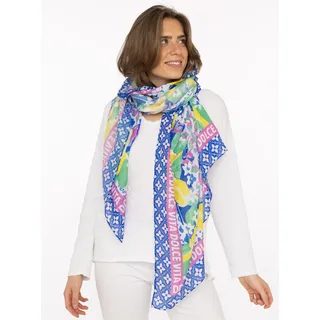 Schal ZWILLINGSHERZ "Zitronen Mosaik ", Damen, royalblau, Web, Obermaterial: 100% Polyester, Modetücher Schal, farbenfrohes Muster mit Zitronen, Schriftzug