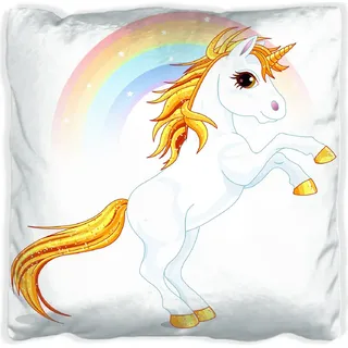 Wallario Premium Kissen, weiche Oberfläche, mit Motiv Weißes Einhorn vor einem Regenbogen, Größe: 40 x 40 cm, mit weißer Rückseite - Weiß