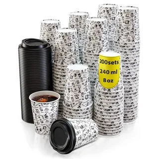 200 Pappbecher 240ml mit Deckel - Kaffeebecher to Go Zum Servieren von Kaffee, Tee, Heißen und kalten Getränken