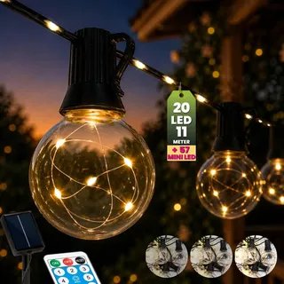 LUMILED Solar Lichterkette Außen 10,5m 20 LED mit 57 Zusatzdioden Bulb mit LEDs Drahtlichterkette Fernbedienung 8 Leuchtmodi IP44 Wetterfest Dimmbar Warmweiß 3000K Beleuchtung Garten Terrasse Balkon Party Deko - Schwarz