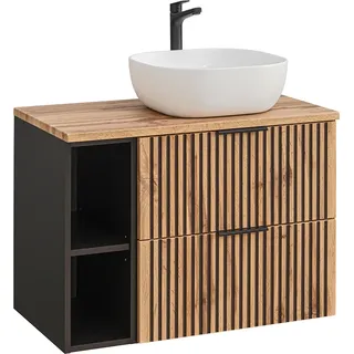 Waschtisch mit Regal und Aufsatzwaschbecken XANTEN-56 in anthrazit mit Eiche Nb. schwarz gerillt, B/H/T: ca. 80,6/74,2/46,5 cm - Braun