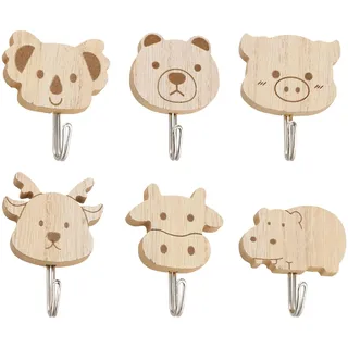 QINGZY 6 Stück Süße Tier Kleiderhaken, Tierthemen-Dekorationen Haken, Selbstklebender Haken aus Holz Cartoon, Holz-Tier-Wandhaken, für Bad Toilette Kinderzimmer Schlafzimmer Küche Büro